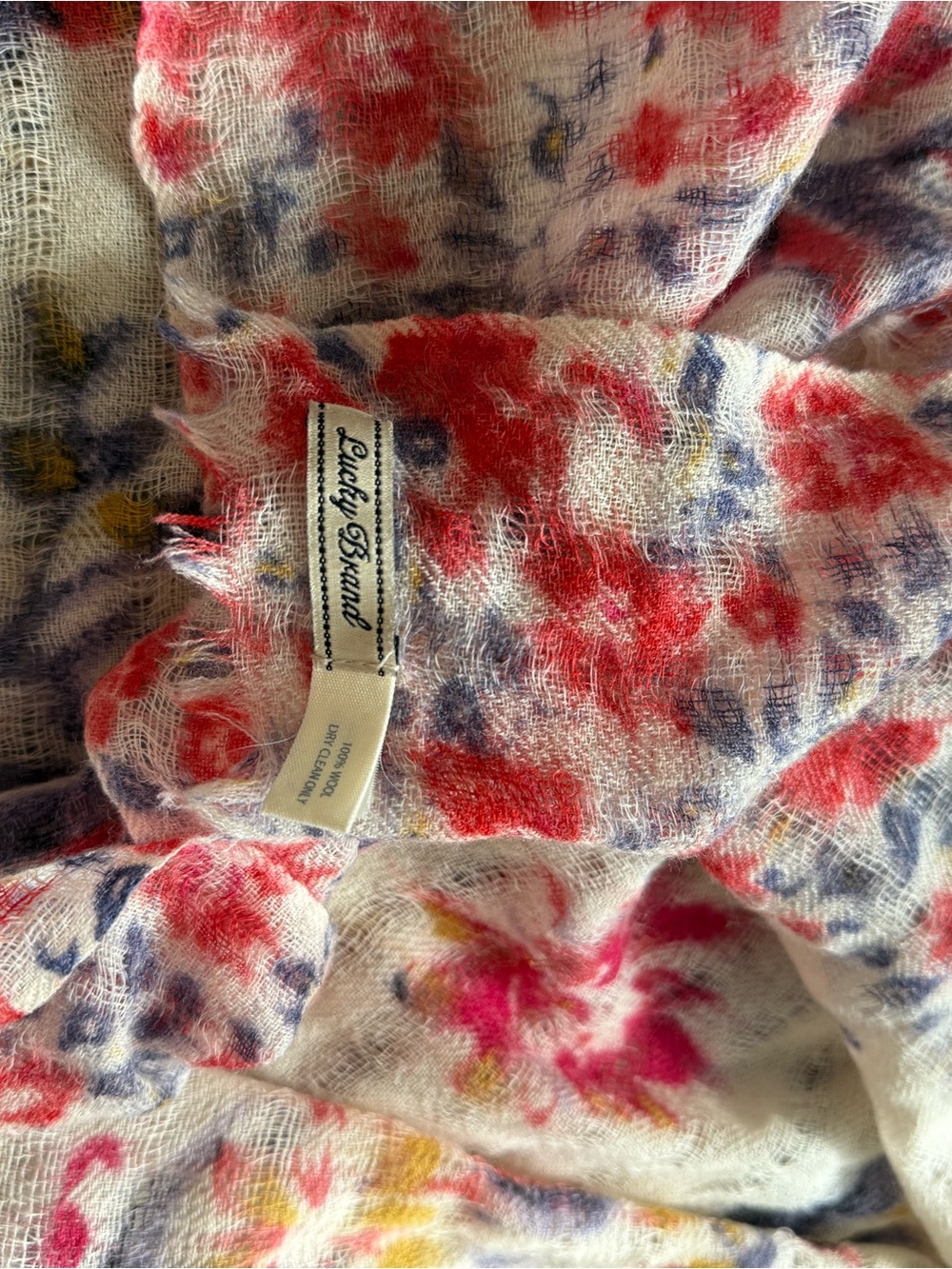 100% Wool Lucky Brand Floral Knit Scarf in White with Red, Blue & Yellow Accents - Picture 2 of 3